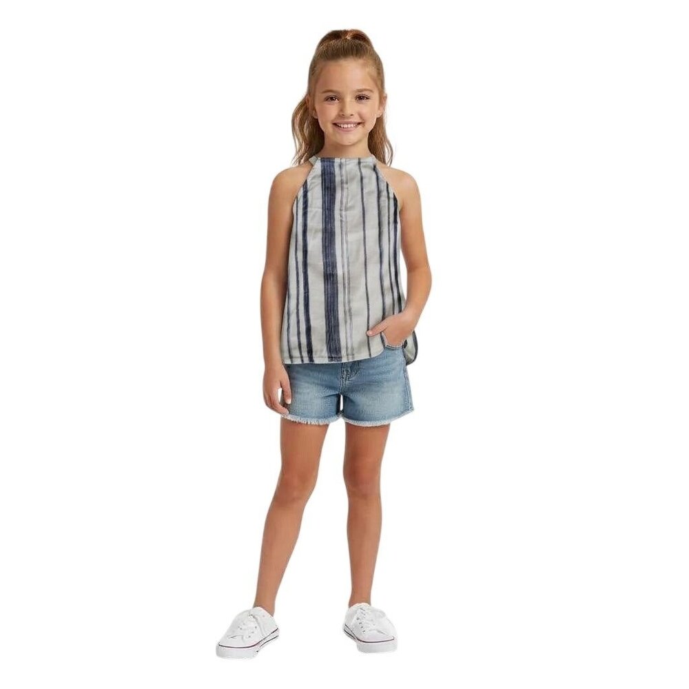 POLO Ralph Lauren Girls Blue Striped High‎ Neck Pom-Pom Hem Sleeveless Top Sz 10